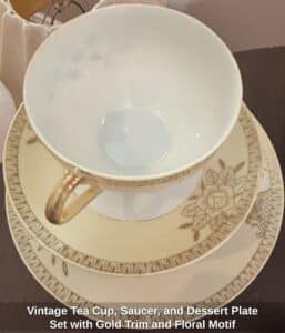 Vintage-Tea-Cup-Saucer-and-Dessert-Plate-Set-with-Gold-Trim-and-Floral-Motif