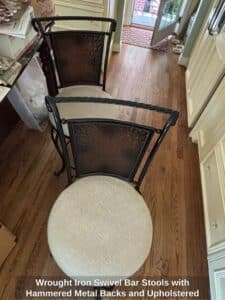 Wrought-Iron-Swivel-Bar-Stools-with-Hammered-Metal-Backs-and-Upholstered-Seats