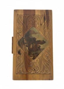 Antique-Hand-Carved-Wooden-Jewelry-Box-with-Painted-Landscape-and-Etched-Mirror