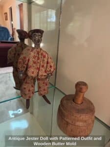 Antique-Jester-Doll-with-Patterned-Outfit-and-Wooden-Butter-Mold