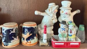 Assorted-Ceramic-Figurines-and-Salt-Pepper-Shakers-including-Snowman-themed-items