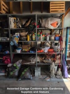 Assorted-Garage-Contents-with-Gardening-Supplies-and-Statues
