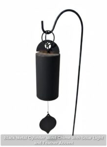 Black-Metal-Cylinder-Wind-Chime-with-Solar-Light-and-Feather-Accent