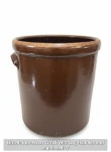 Brown-Stoneware-Crock-with-Lug-Handles-and-impressed-