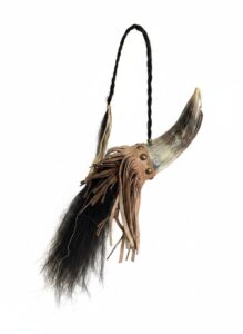 Carved-Animal-Horn-with-Leather-Fringe-and-Hair-Tassel-Eagle-Head