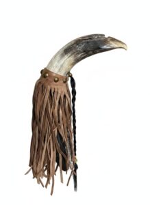 Carved-Animal-Horn-with-Leather-Fringe-and-Hair-Tassel-Eagle-Head-third-image
