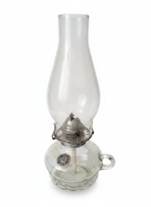Clear-Glass-Oil-Lamp-with-White-Flame-Emblem-and-Metal-Burner