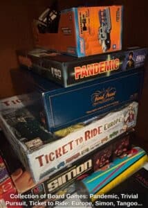 Collection-of-Board-Games-Pandemic-Trivial-Pursuit-Ticket-to-Ride-Europe-Simon-Tangooes-and-Hummer-SUT-Sport-Tow-Team
