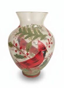 Hand-Painted-Glass-Vase-with-Cardinal-and-Holly-Motif