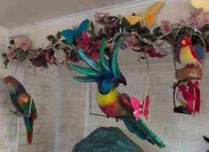 Hand-Painted-Tropical-Bird-and-Butterfly-Garden-Ornaments-Alebrije-Style