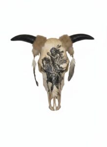 Native-American-Warrior-on-Horseback-Decorated-Cow-Skull