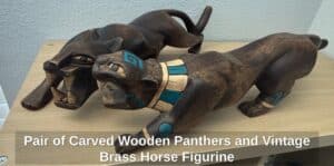 Pair-of-Carved-Wooden-Panthers-and-Vintage-Brass-Horse-Figurine