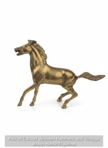 Pair-of-Carved-Wooden-Panthers-and-Vintage-Brass-Horse-Figurine-third-image