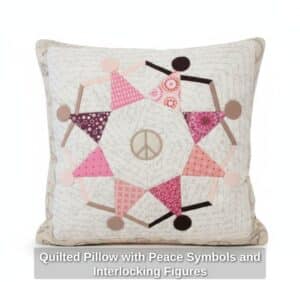 Quilted-Pillow-with-Peace-Symbols-and-Interlocking-Figures