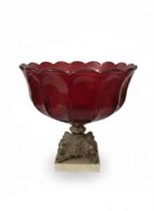 Ruby-Red-Glass-Footed-Compote-Dish-with-Ornate-Metal-Base-possibly-L.E.-Smith