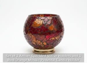 Set-of-Amber-Speckled-Votive-Holders-and-Red-or-Orange-Mosaic-Pedestal-Candle-Holder-second-image