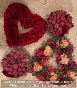 Set-of-Artificial-Floral-Arrangements-Heart-Wreaths-and-Glitter-Berry-Pomanders