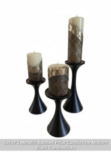 Set-of-Metallic-Banded-Pillar-Candles-on-Modern-Black-Candlesticks