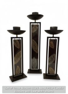 Set-of-Three-Modern-Black-Metal-Pillar-Candle-Holders-with-Leaf-Motif-Inserts