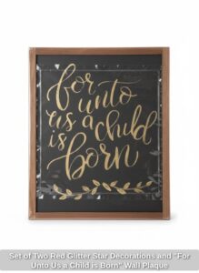 Set-of-Two-Red-Glitter-Star-Decorations-and-For-Unto-Us-a-Child-is-Born-Wall-Plaque-second-image