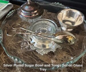 Silver-Plated-Sugar-Bowl-and-Tongs-Set-on-Glass-Tray