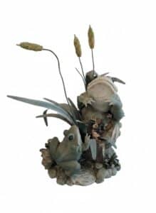 Two-Frogs-Statue-with-Cattails-and-Bird