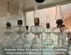 Victorian-Glass-Oil-Lamps-Set-of-Including-King-Comet-and-Miniature-Hobnail-Patterns
