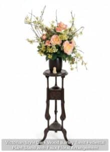 Victorian-Style-Dark-Wood-Barley-Twist-Pedestal-Plant-Stand-with-Faux-Floral-Arrangement