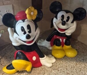 Vintage-Ceramic-Mickey-Mouse-and-Minnie-Mouse-Figurines-and-Bear-Cookie-Jar