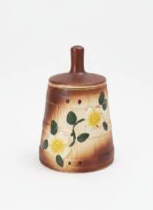 Vintage-Ceramic-Pot-with-Lid-and-Decorative-Jar-Pot-Lettering-second-image