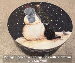 Vintage-Decorative-Storage-Box-with-Snowman-and-Cat-Motif-second-image