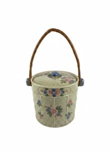 Vintage-Majolica-Ceramic-Cookie-Jar-with-Wicker-Handle
