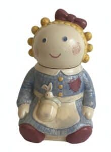 Vintage-Treasure-Craft-Sugar-Rag-Doll-Ceramic-Cookie-Jar