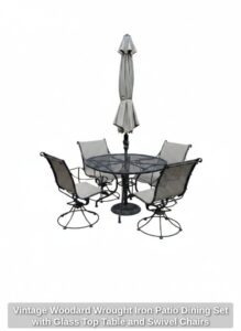 Vintage-Woodard-Wrought-Iron-Patio-Dining-Set-with-Glass-Top-Table-and-Swivel-Chairs