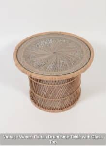 Vintage-Woven-Rattan-Drum-Side-Table-with-Glass-Top