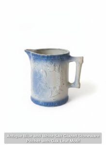 Antique-Blue-and-White-Salt-Glazed-Stoneware-Pitcher-with-Oak-Leaf-Motif