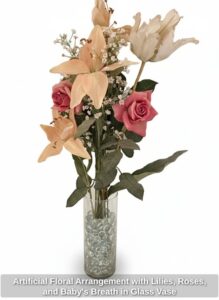 Artificial-Floral-Arrangement-with-Lilies-Roses-and-Babys-Breath-in-Glass-Vase