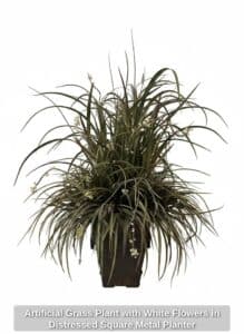 Artificial-Grass-Plant-with-White-Flowers-in-Distressed-Square-Metal-Planter