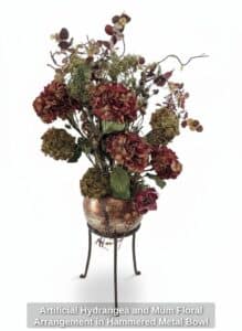 Artificial-Hydrangea-and-Mum-Floral-Arrangement-in-Hammered-Metal-Bowl