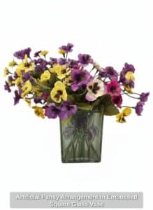 Artificial-Pansy-Arrangement-in-Embossed-Square-Glass-Vase