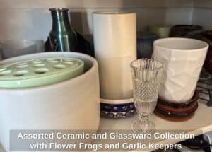 Assorted-Ceramic-and-Glassware-Collection-with-Flower-Frogs-and-Garlic-Keepers
