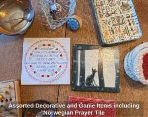 Assorted-Decorative-and-Game-Items-including-Norwegian-Prayer-Tile