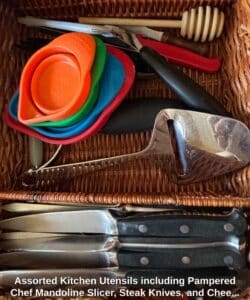 Assorted-Kitchen-Utensils-including-Pampered-Chef-Mandoline-Slicer-Steak-Knives-and-Cheese-Slicer