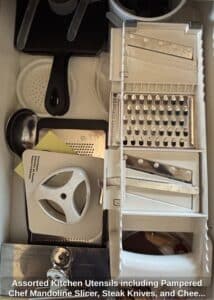 Assorted-Kitchen-Utensils-including-Pampered-Chef-Mandoline-Slicer-Steak-Knives-and-Cheese-Slicer-second-image
