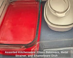Assorted-Kitchenware-Glass-Bakeware-Metal-Strainer-and-Enamelware-Dish-second-image