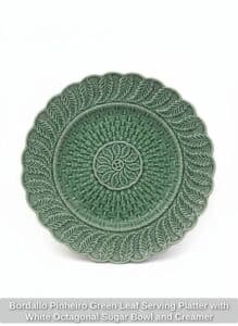 Bordallo-Pinheiro-Green-Leaf-Serving-Platter-with-White-Octagonal-Sugar-Bowl-and-Creamer