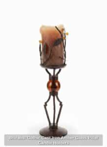 Brutalist-Gothic-Cast-Iron-Amber-Glass-Pillar-Candle-Holders