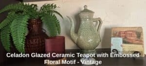 Celadon-Glazed-Ceramic-Teapot-with-Embossed-Floral-Motif-Vintage