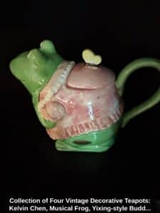 Collection-of-Four-Vintage-Decorative-Teapots-Kelvin-Chen-Musical-Frog-Yixing-style-Buddha-and-Bamboo-Relief