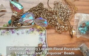 Costume-Jewelry-Lot-with-Floral-Porcelain-Trinket-Dish-and-Turquoise-Beads